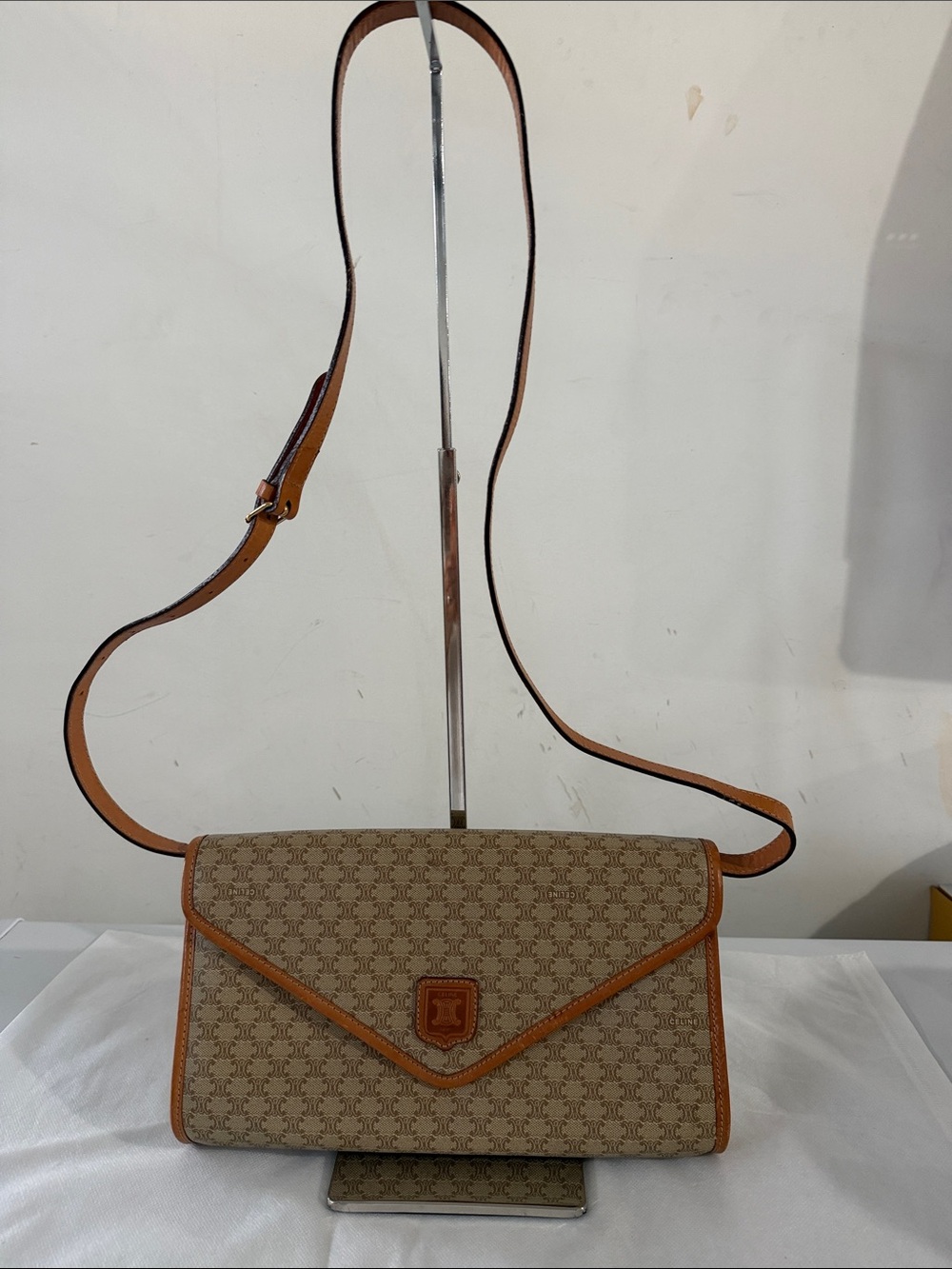 Celine Tan Monogram Envelope Crossbody Bag with Leather Trim
